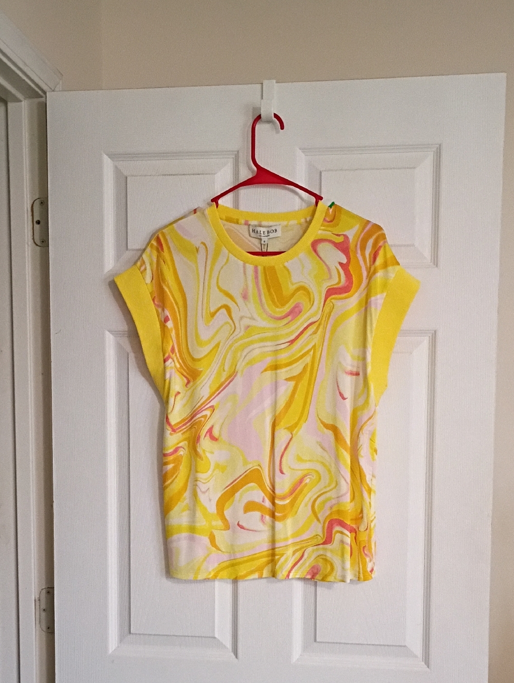 Hale Bob Yellow Swirl Cap-Sleeve Tee with Pink & Orange Accents